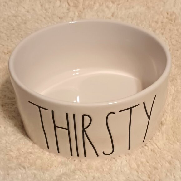 EUC ~ RAE DUNN "Thirsty" Bone White Ceramic Medium Round Dog Food Water Bowl - Picture 1 of 8